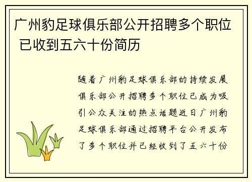 广州豹足球俱乐部公开招聘多个职位 已收到五六十份简历