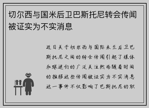 切尔西与国米后卫巴斯托尼转会传闻被证实为不实消息